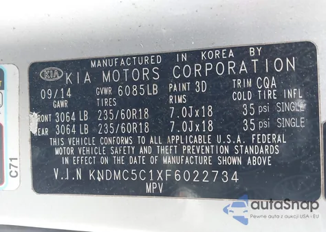 2015 Kia Sedona Ex from USA, damaged, VIN KNDMC5C1XF6022734